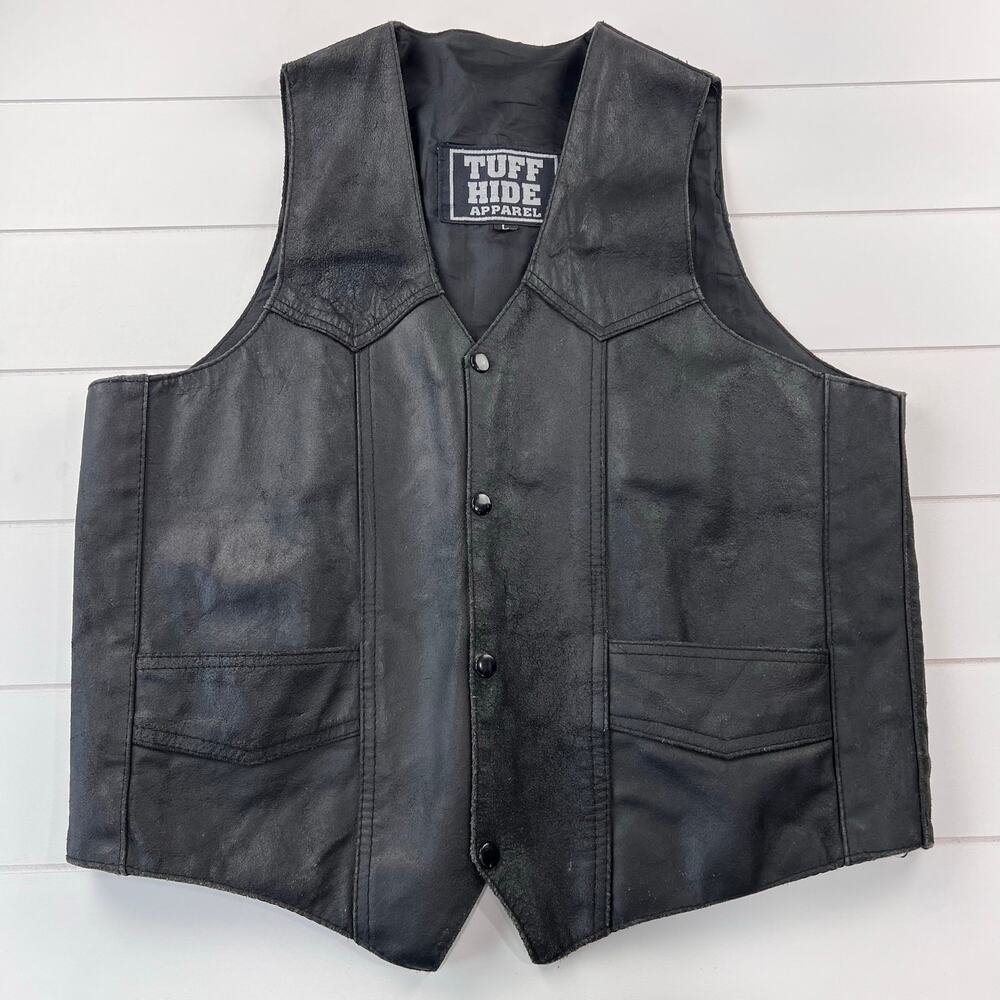 Tuff Hide Apparel Vintage Black Leather Motorcycle Vest Men's size Large